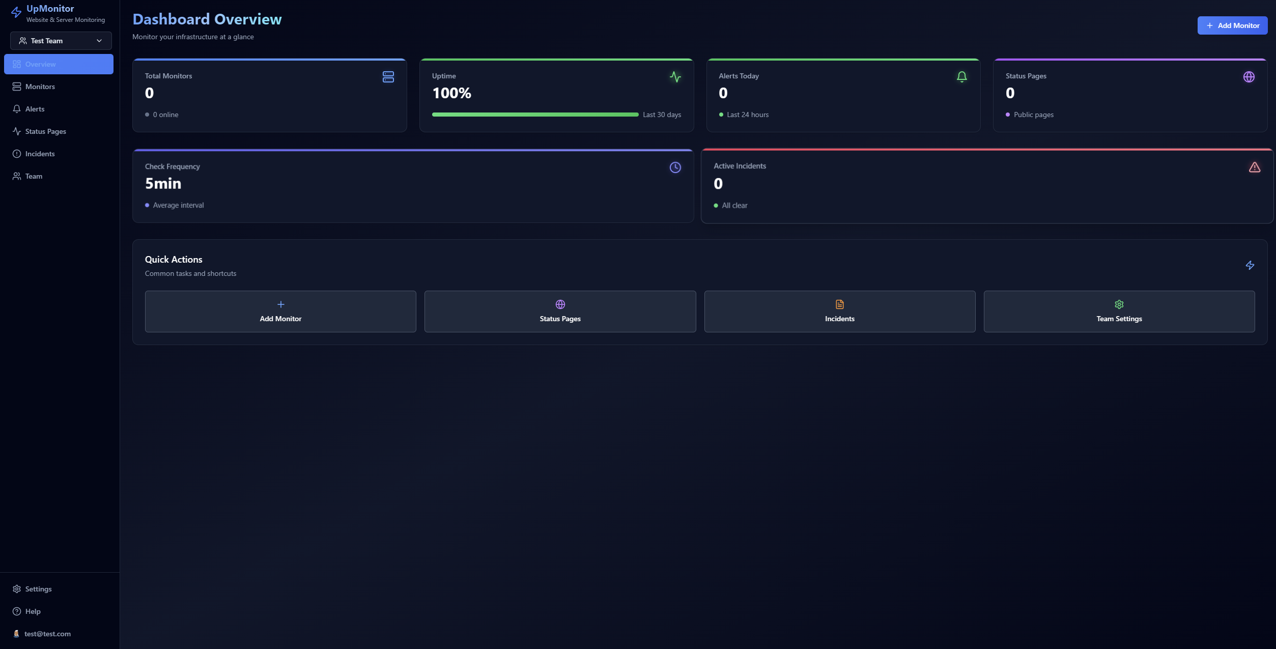 UpMonitor Dashboard - Website monitoring interface showing uptime statistics and server health